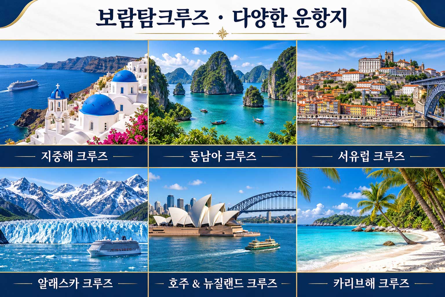 지중해 크루즈, 동남아 크루즈, 서유럽 크루즈, 알래스카 크루즈, 호주 & 뉴질랜드 크루즈, 카리브해 크루즈.