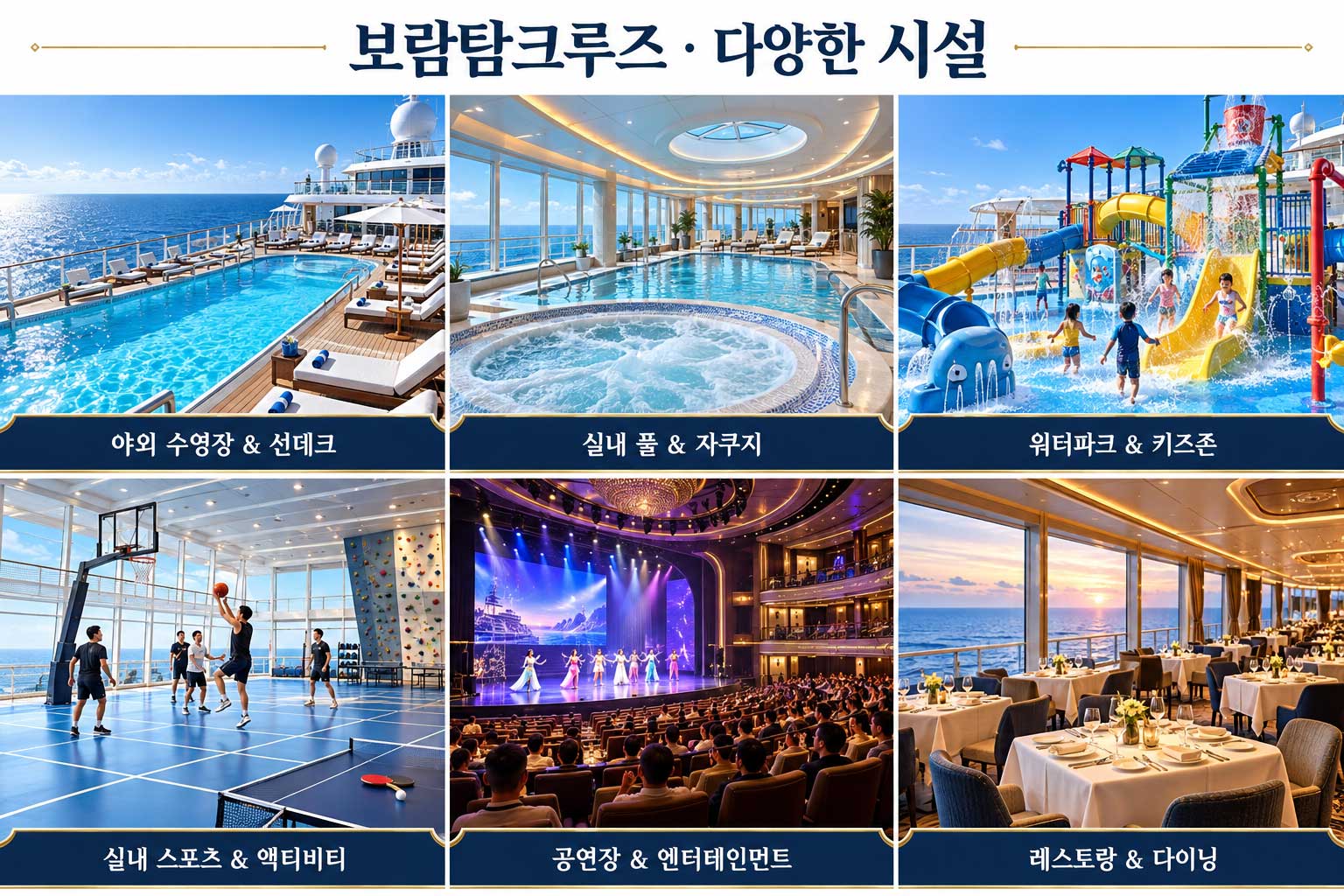 보람탐크루즈의 다양한 시설: 야외 수영장 & 선데크, 실내 풀 & 자쿠지, 워터파크 & 키즈존, 실내 스포츠 & 액티비티, 공연장 & 엔터테인먼트, 레스토랑 & 다이닝.