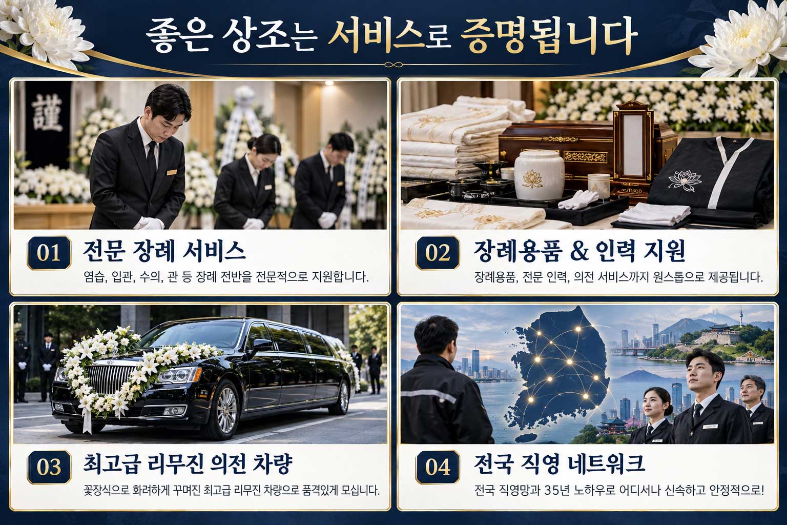 좋은 상조는 서비스로 증명됩니다. 전문 장례 서비스: 염습, 입관, 수의, 관 등 장례 전반을 전문적으로 지원합니다. 장례용품 & 인력 지원: 장례용품, 전문 인력, 의전 서비스까지 원스톱으로 제공됩니다. 최고급 리무진 의전 차량: 꽃장식으로 화려하게 꾸며진 최고급 리무진 차량으로 품격있게 모십니다. 전국 직영 네트워크: 전국 직영망과 35년 노하우로 어디서나 신속하고 안정적으로!