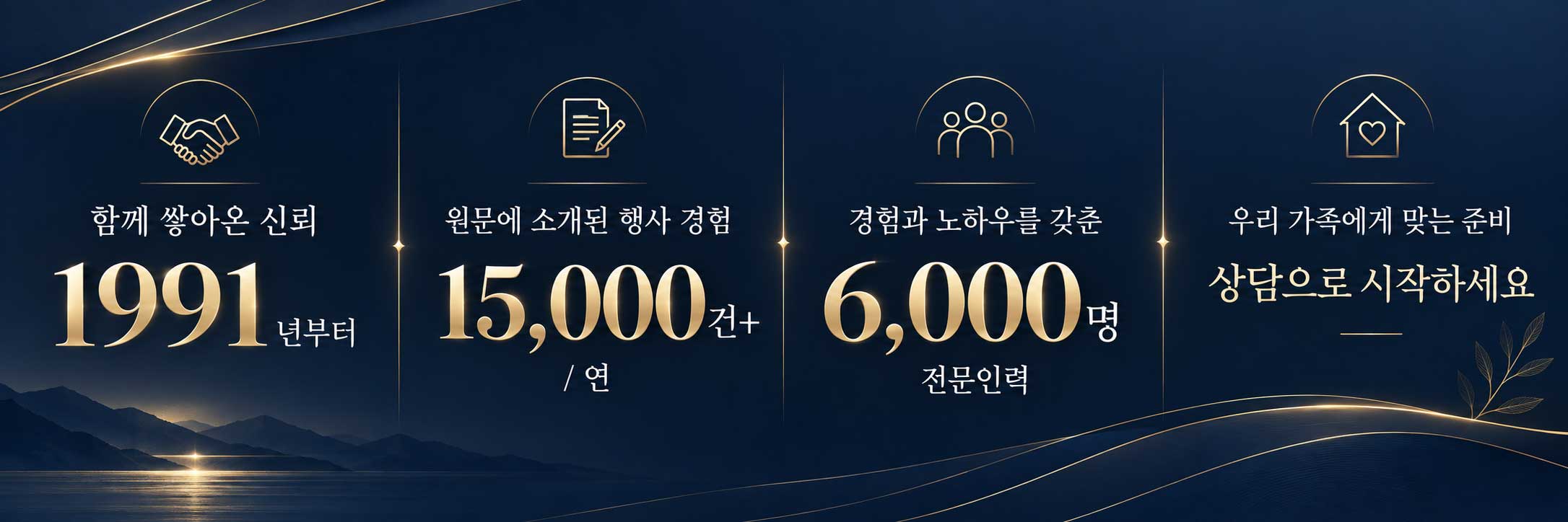 함께 쌓아온 신뢰 · 1991년부터 · 15,000건+ / 연 · 6,000명 전문인력 · 상담으로 시작하세요